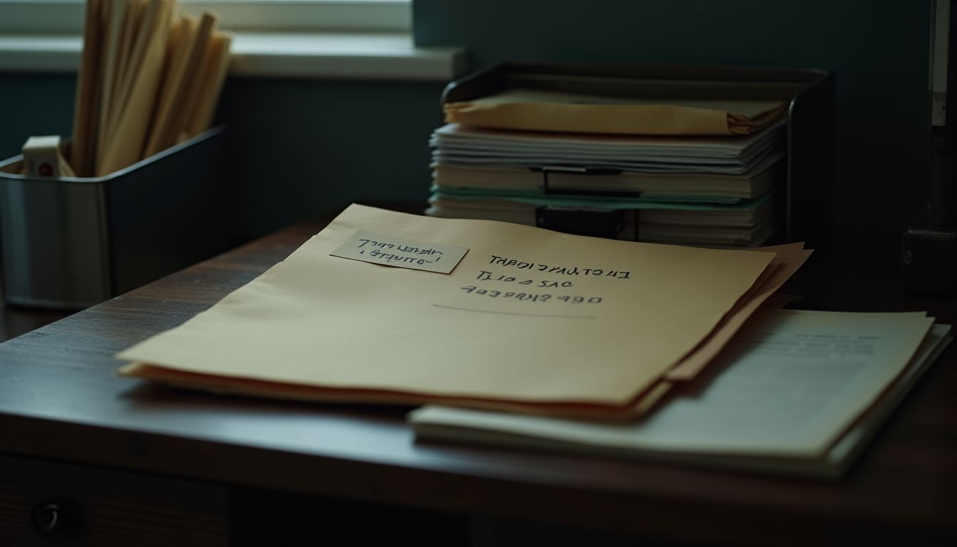 A neat stack of labelled manila folders, a metal in-tray and a pen on a charcoal desk under soft steel-grey light, calm organised mood — admin paperwork and filing guide